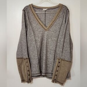 Gray and Tan V-Neck Women's Top